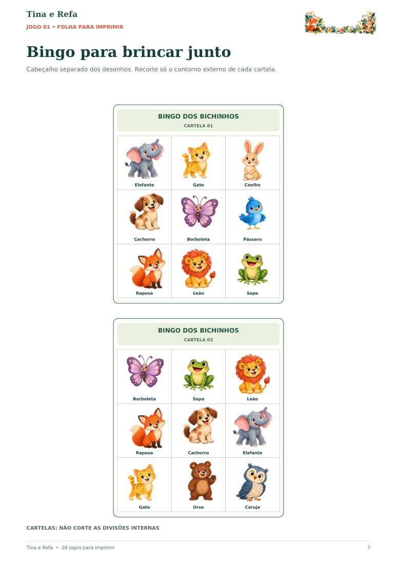 Folha de bingo com duas cartelas distintas de nove animais cada