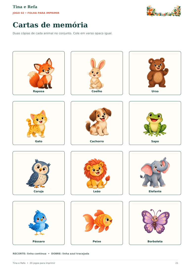 Folha real das cartas de memória com animais ilustrados